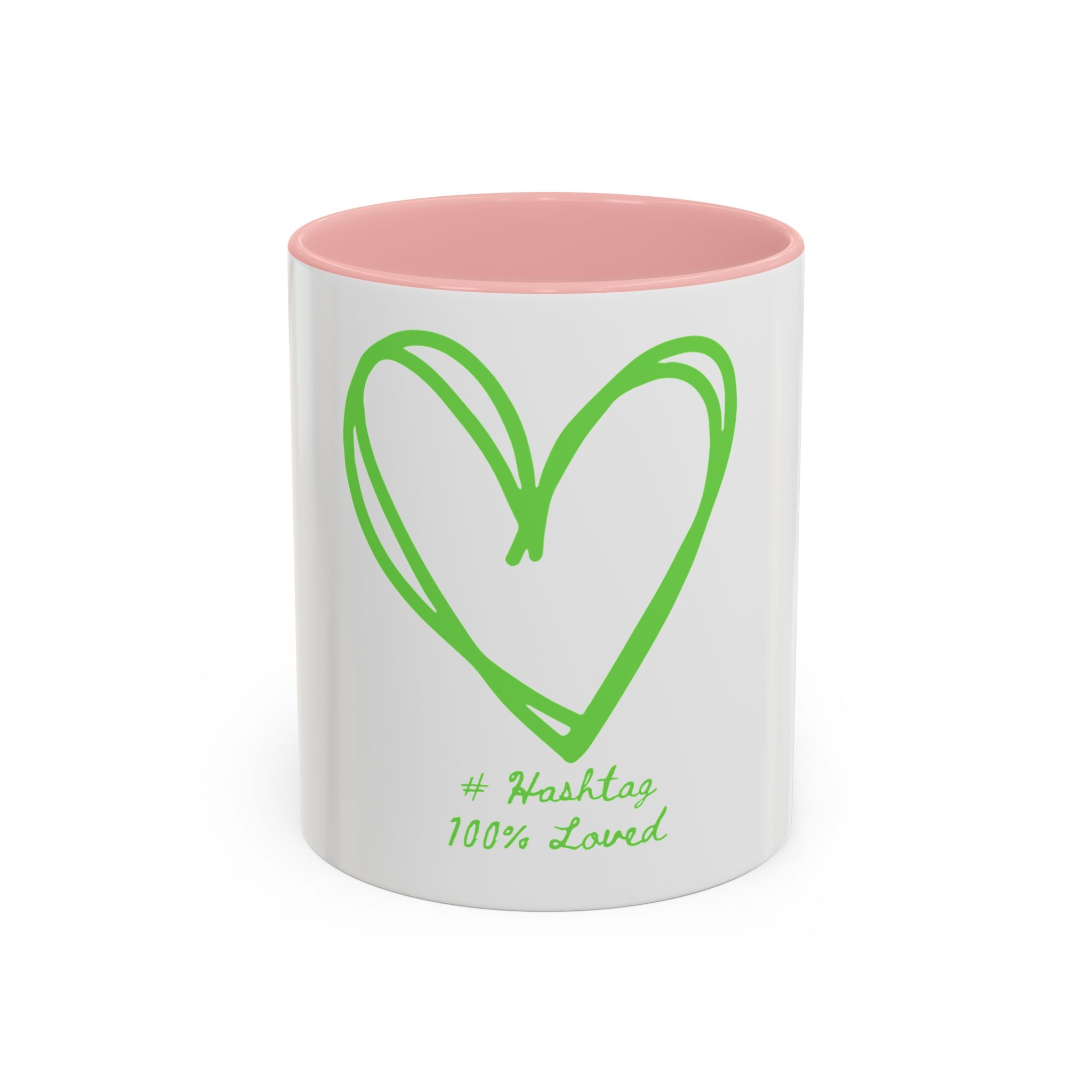 Accent Coffee Mug — Green Heart "#Hashtag 100% Loved" Design