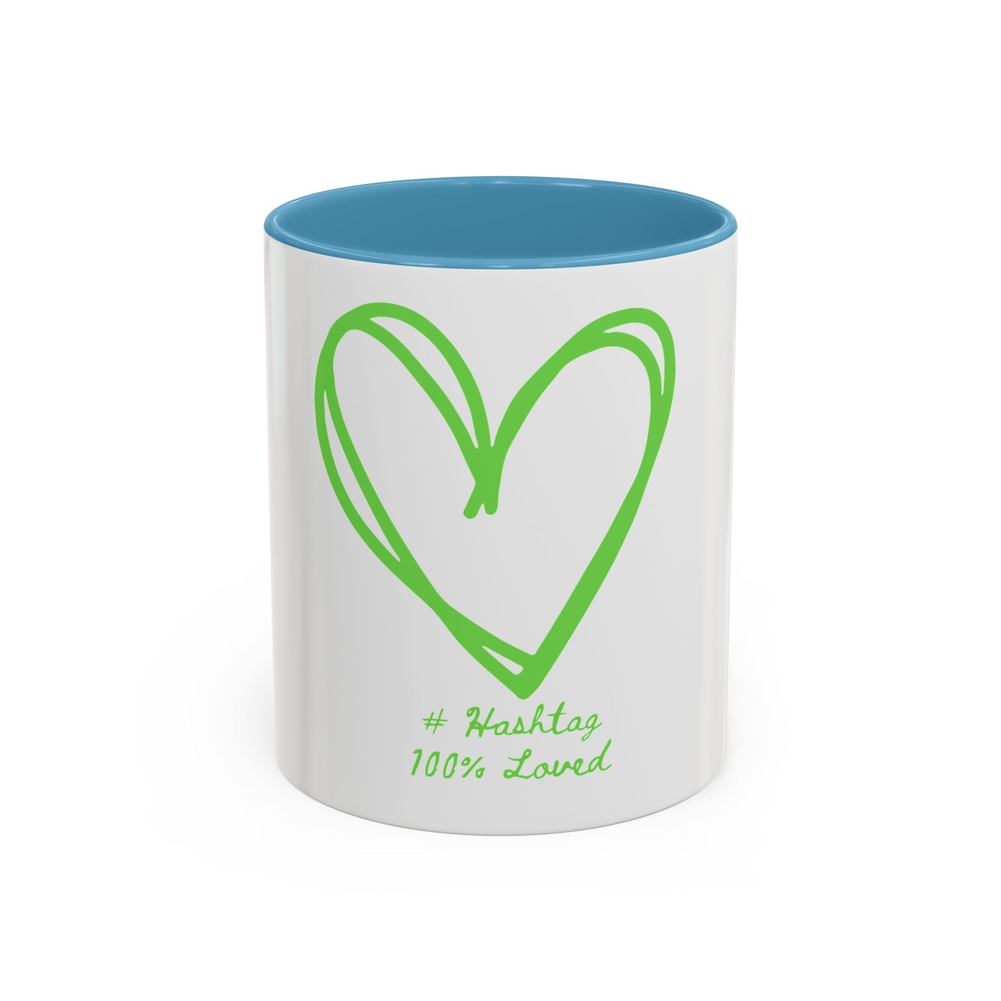 Accent Coffee Mug — Green Heart "#Hashtag 100% Loved" Design