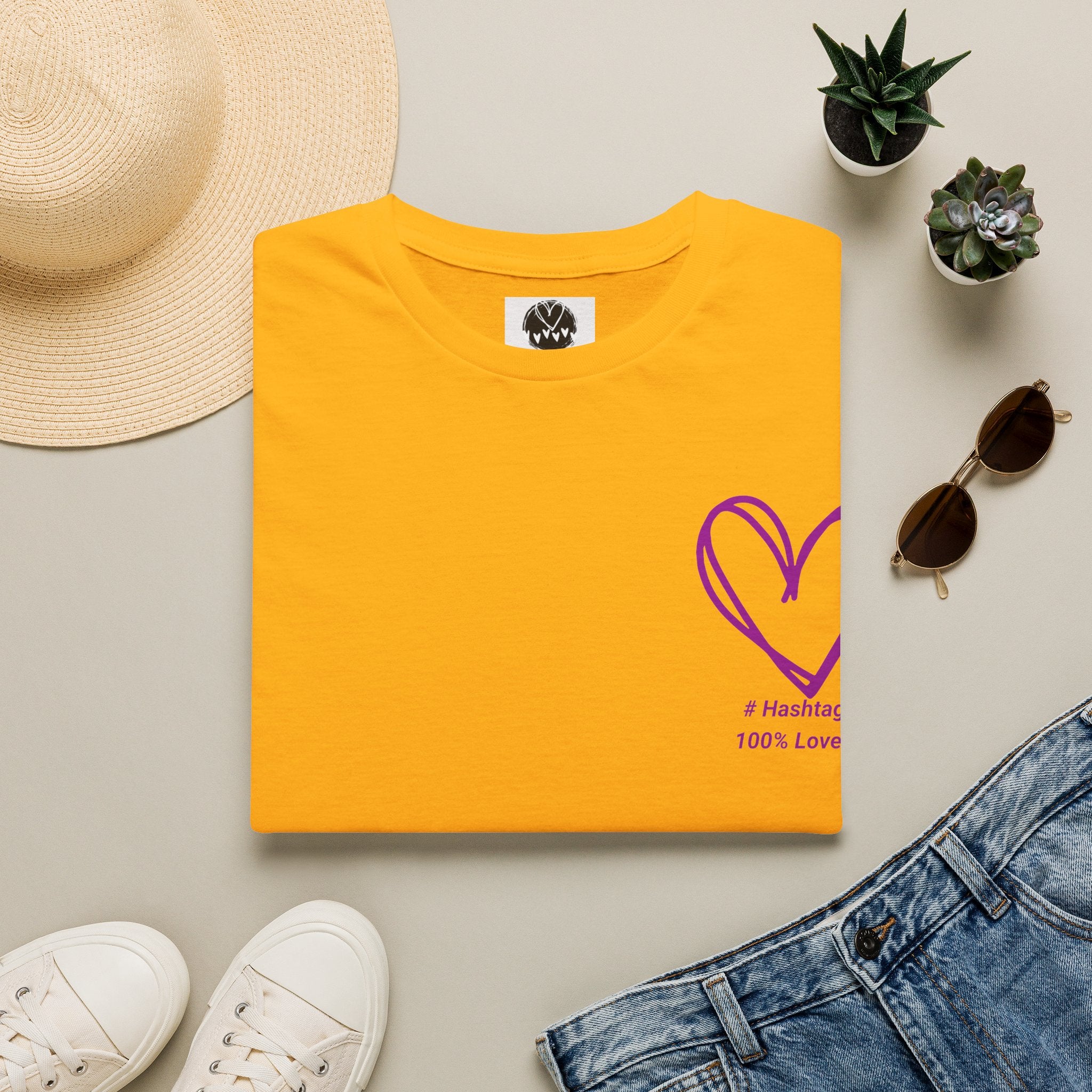 T-Shirt — Minimal Purple Heart Chest Design ("100% Love")