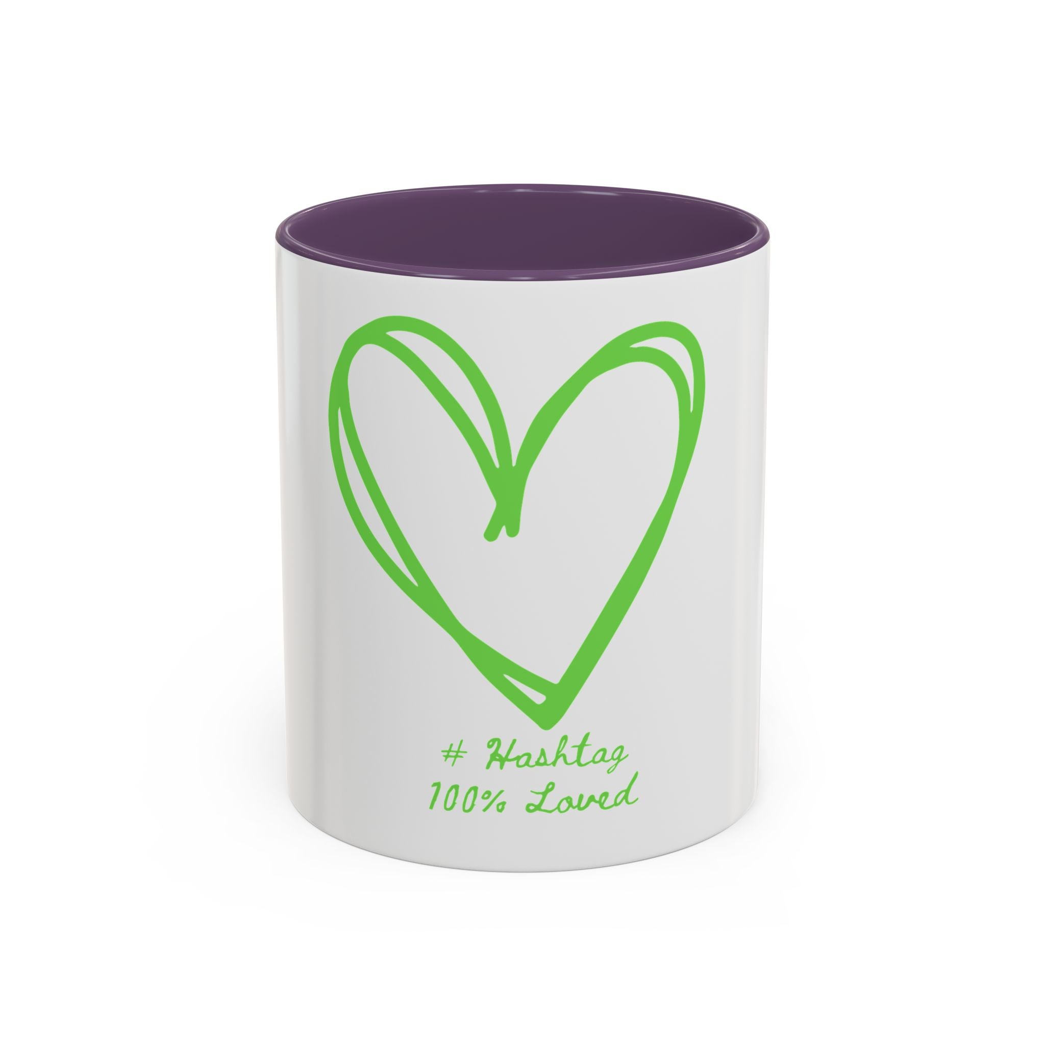 Accent Coffee Mug — Green Heart "#Hashtag 100% Loved" Design