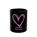 Black Ceramic Mug — Pink Heart Design with “# Hashtag 100% Loved” — Cute Valentine Coffee Cup, Gift for Her