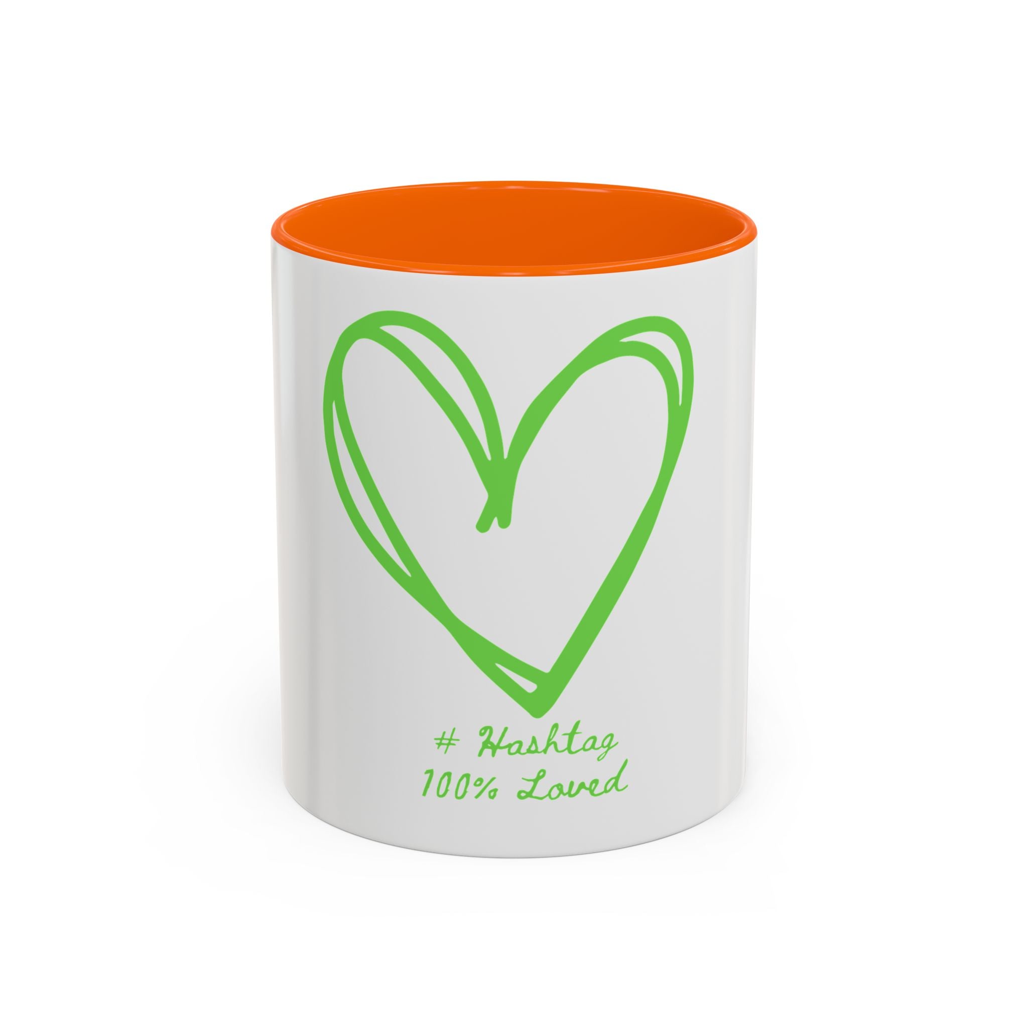 Accent Coffee Mug — Green Heart "#Hashtag 100% Loved" Design