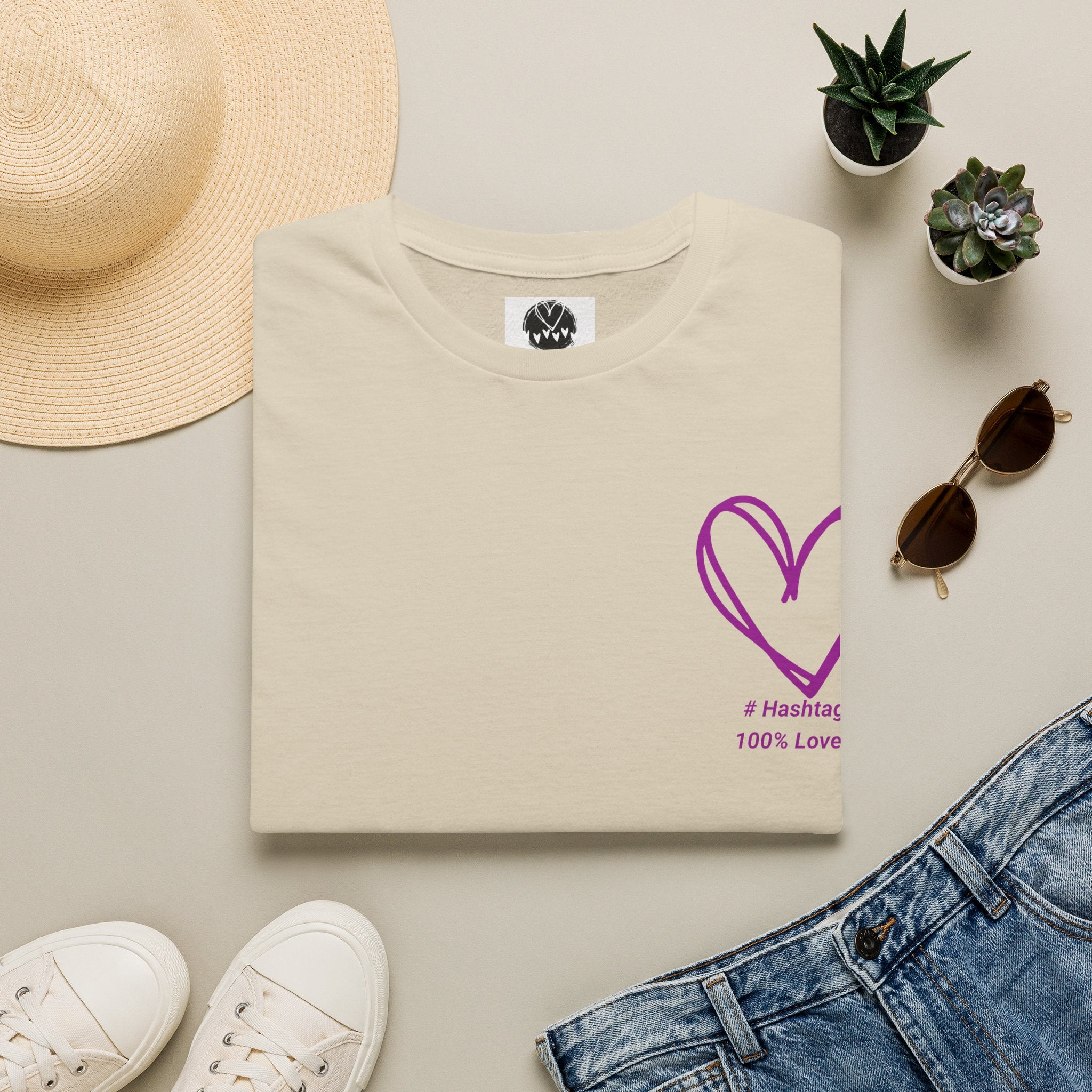 T-Shirt — Minimal Purple Heart Chest Design ("100% Love")