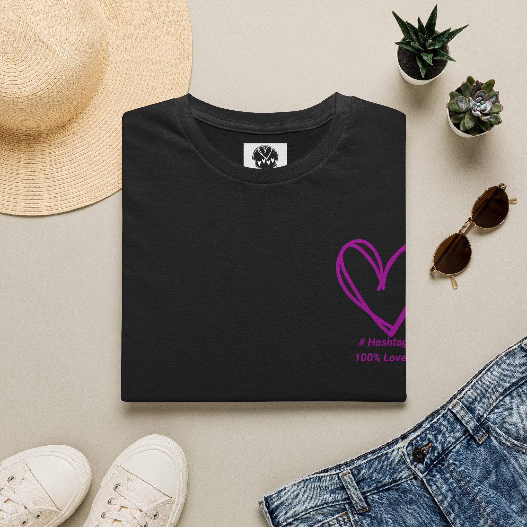 T-Shirt — Minimal Purple Heart Chest Design ("100% Love")