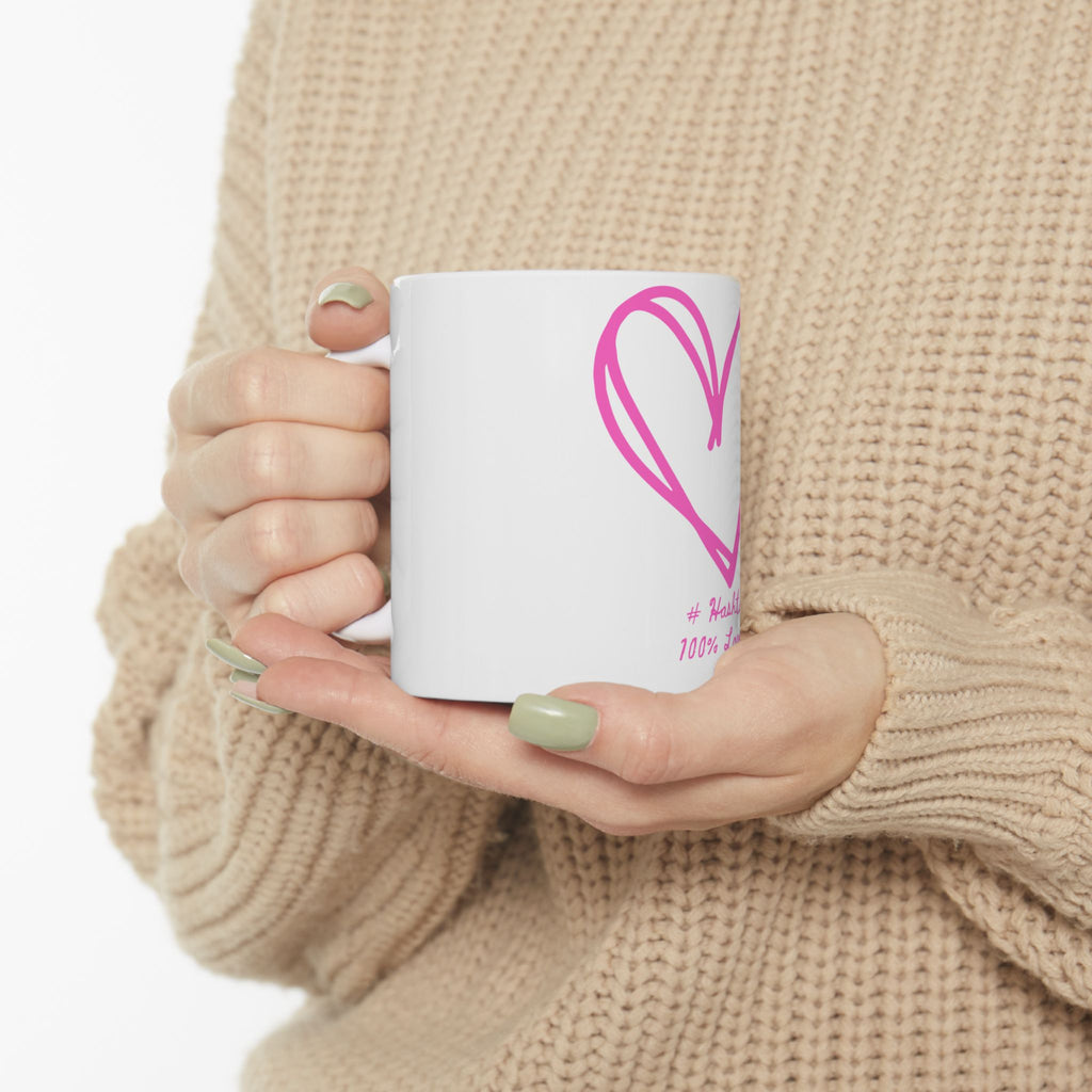 Pink Sketch Heart Ceramic Mug — "#Hashtag 100% Loved" Coffee Cup (11oz & 15oz)