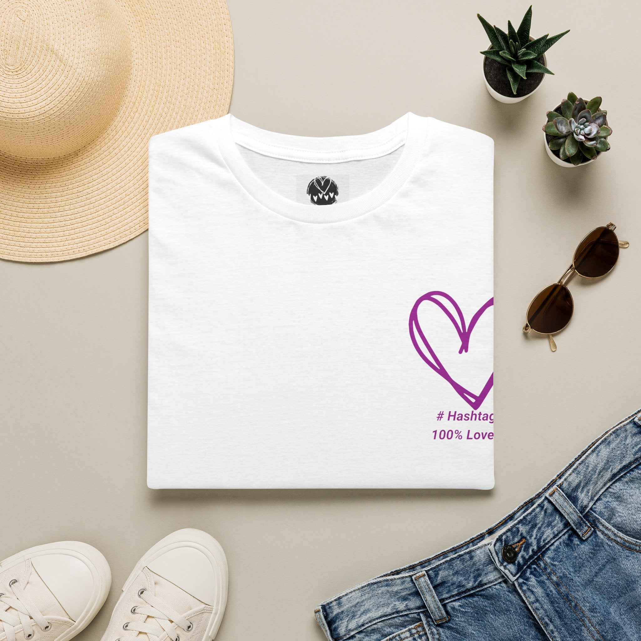 T-Shirt — Minimal Purple Heart Chest Design ("100% Love")