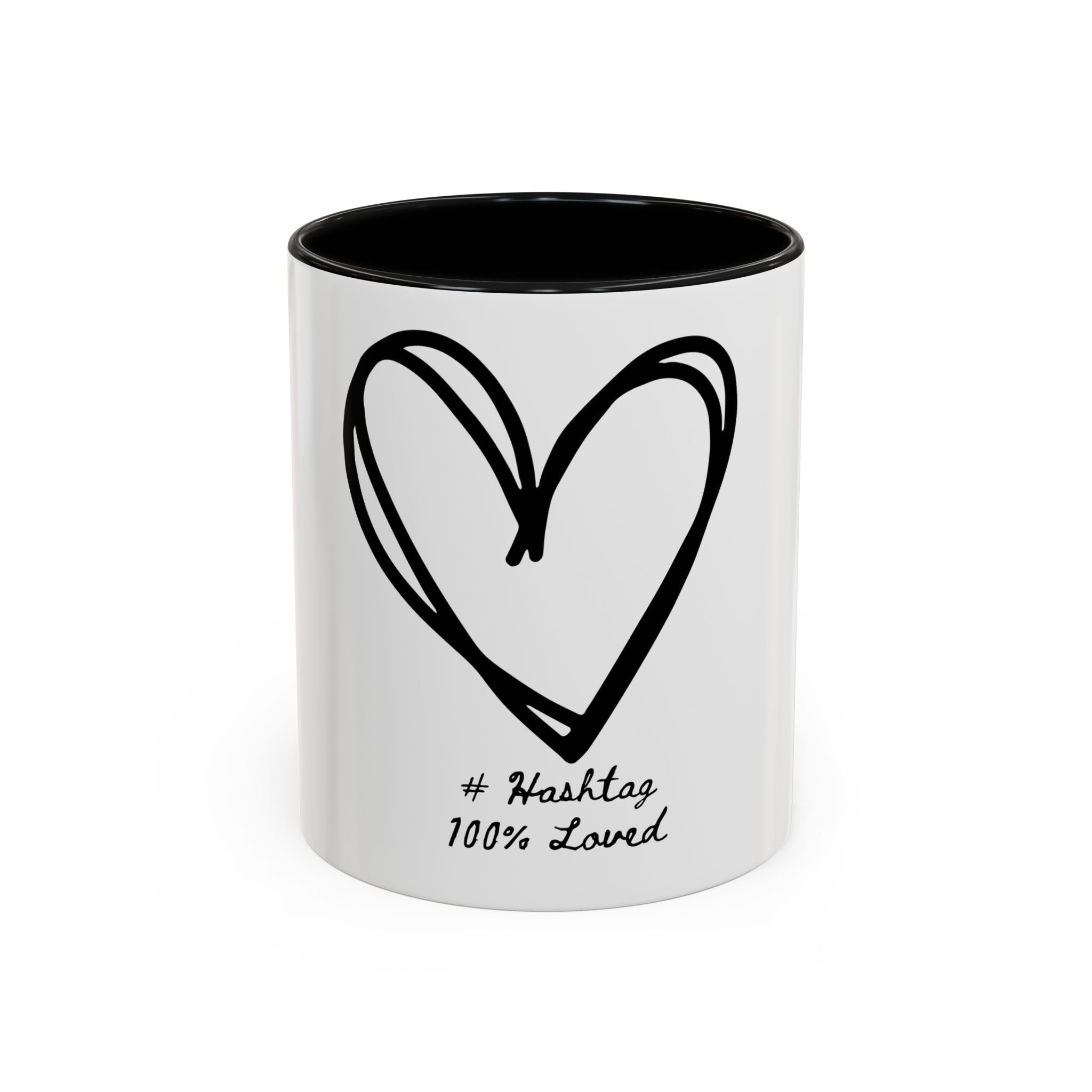 Heart Sketch Accent Coffee Mug — “# Hashtag 100% Loved”