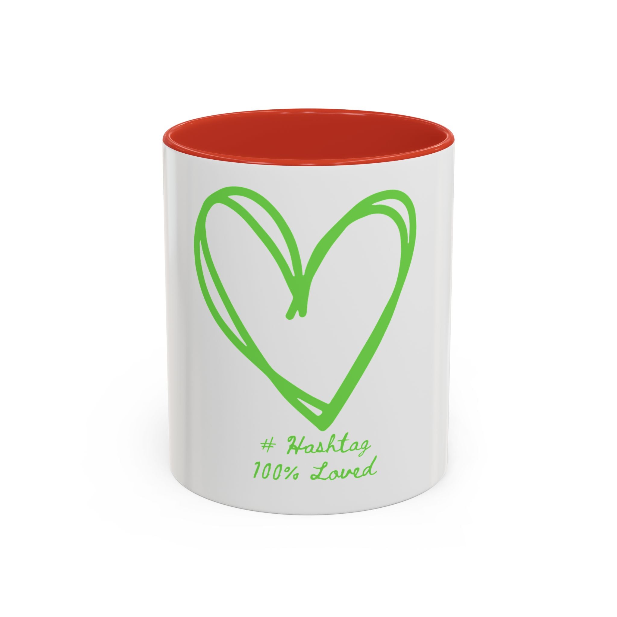 Accent Coffee Mug — Green Heart "#Hashtag 100% Loved" Design