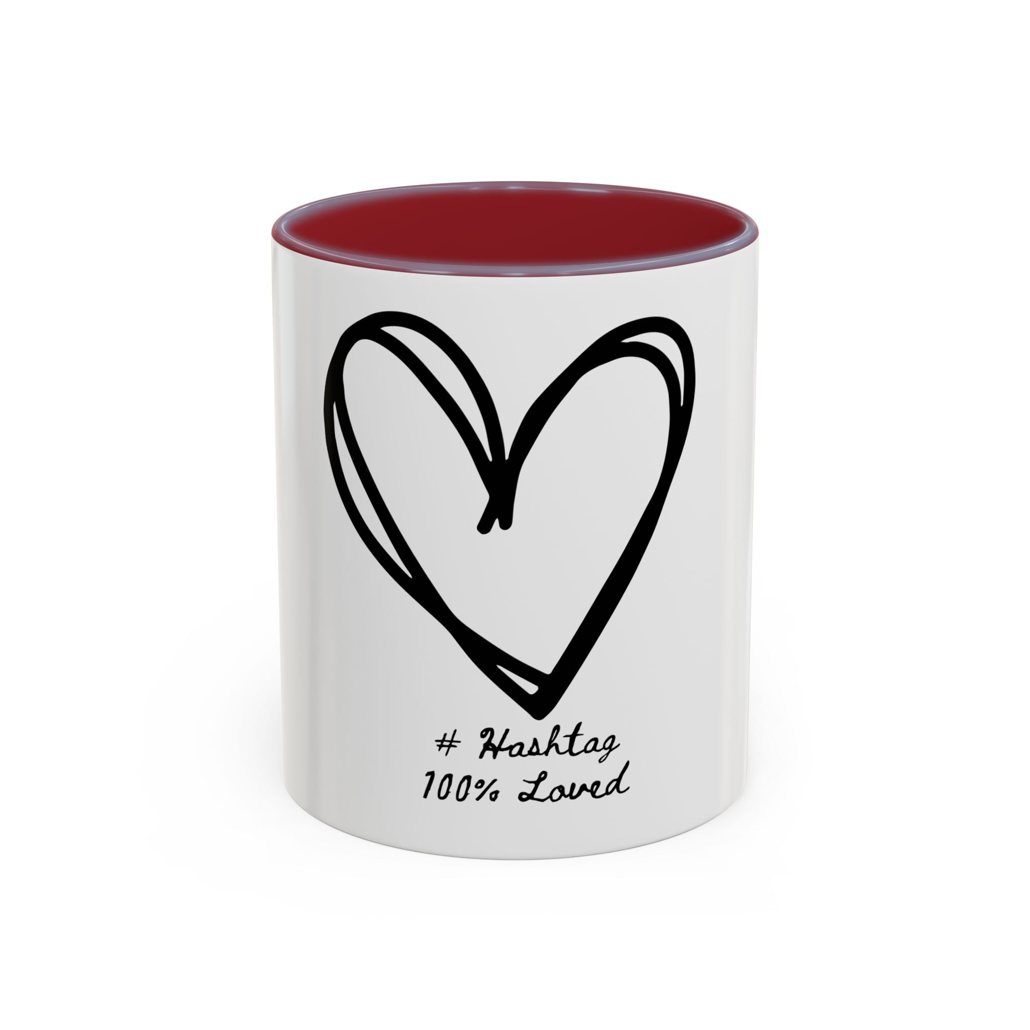 Heart Sketch Accent Coffee Mug — “# Hashtag 100% Loved”