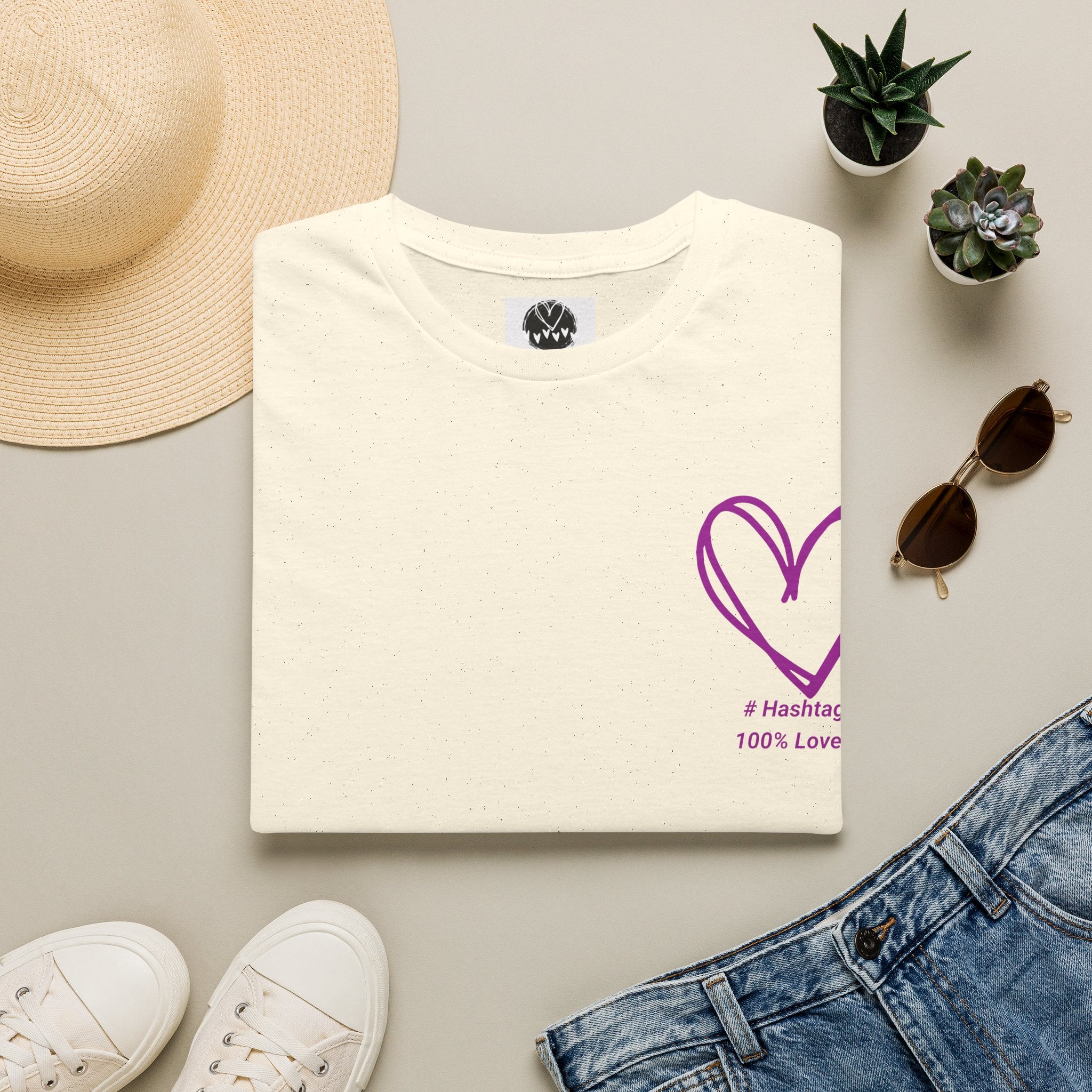 T-Shirt — Minimal Purple Heart Chest Design ("100% Love")