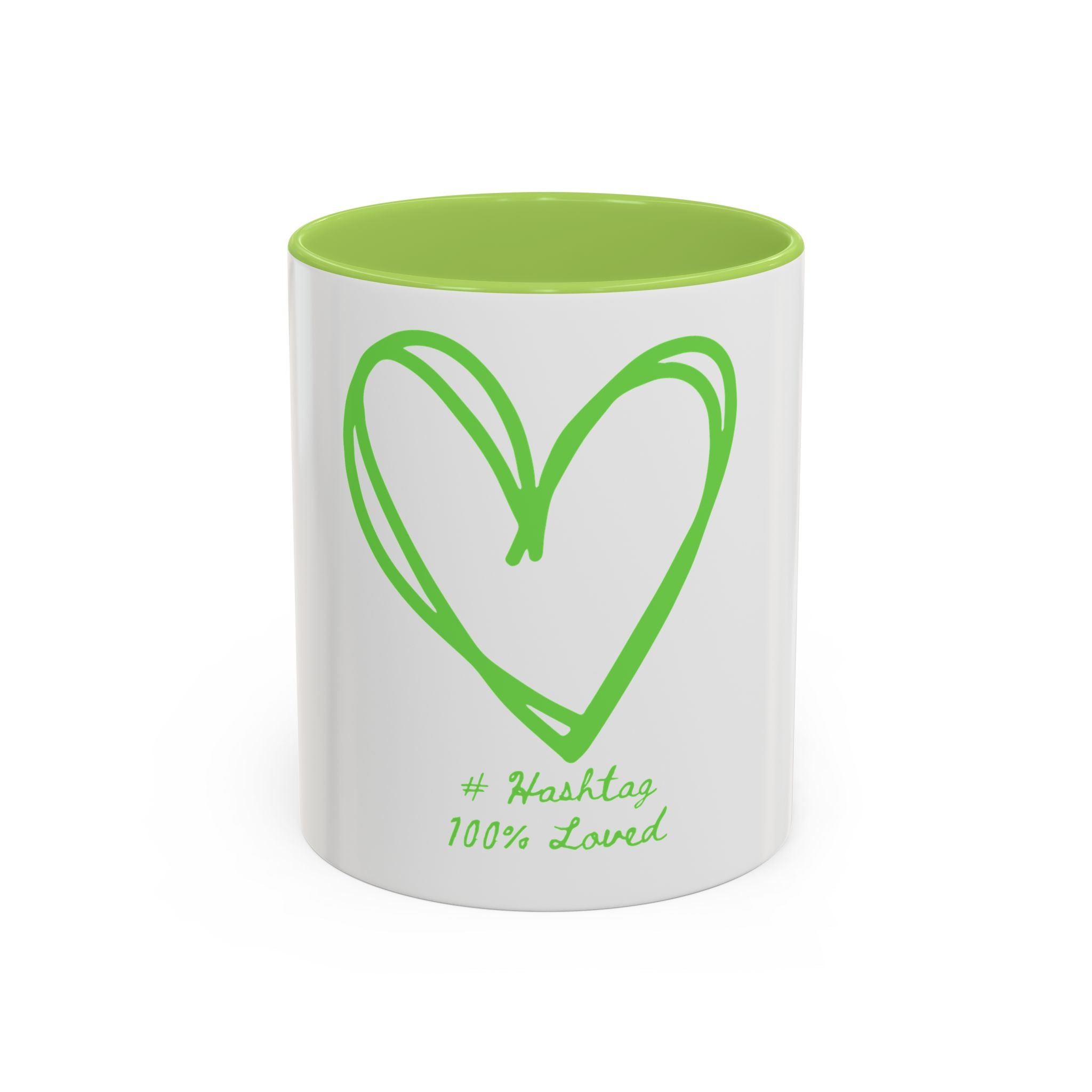 Accent Coffee Mug — Green Heart "#Hashtag 100% Loved" Design