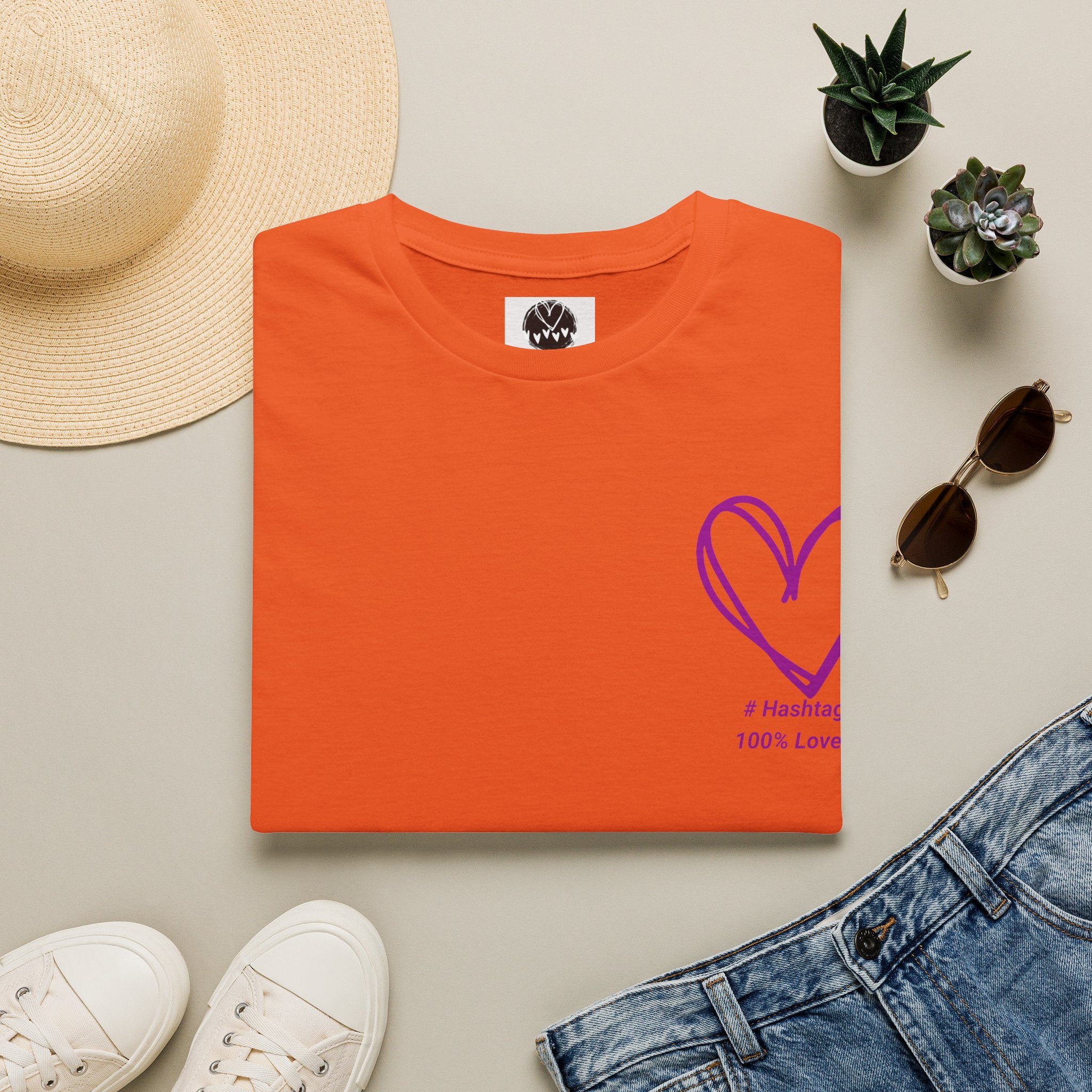 T-Shirt — Minimal Purple Heart Chest Design ("100% Love")