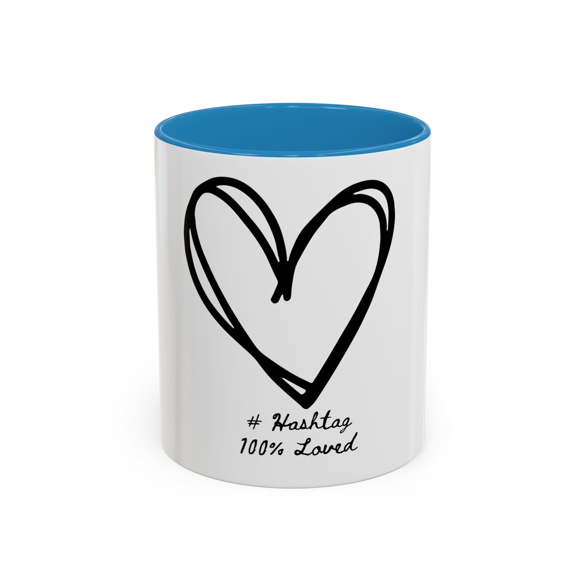 Heart Sketch Accent Coffee Mug — “# Hashtag 100% Loved”