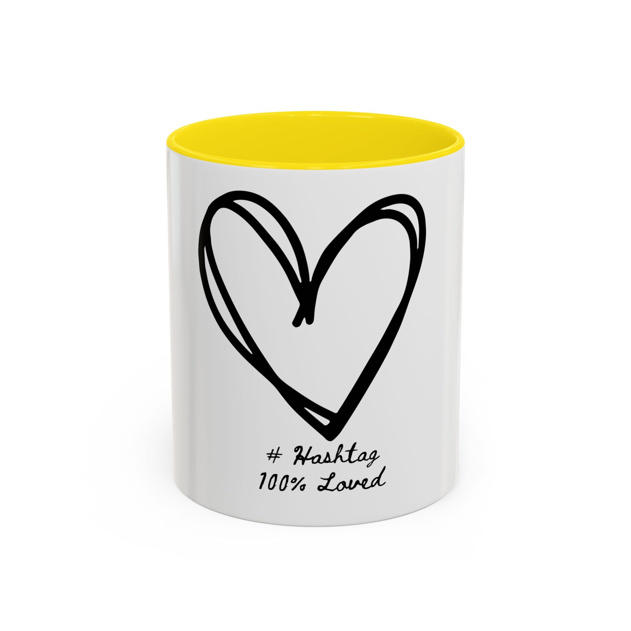 Heart Sketch Accent Coffee Mug — “# Hashtag 100% Loved”