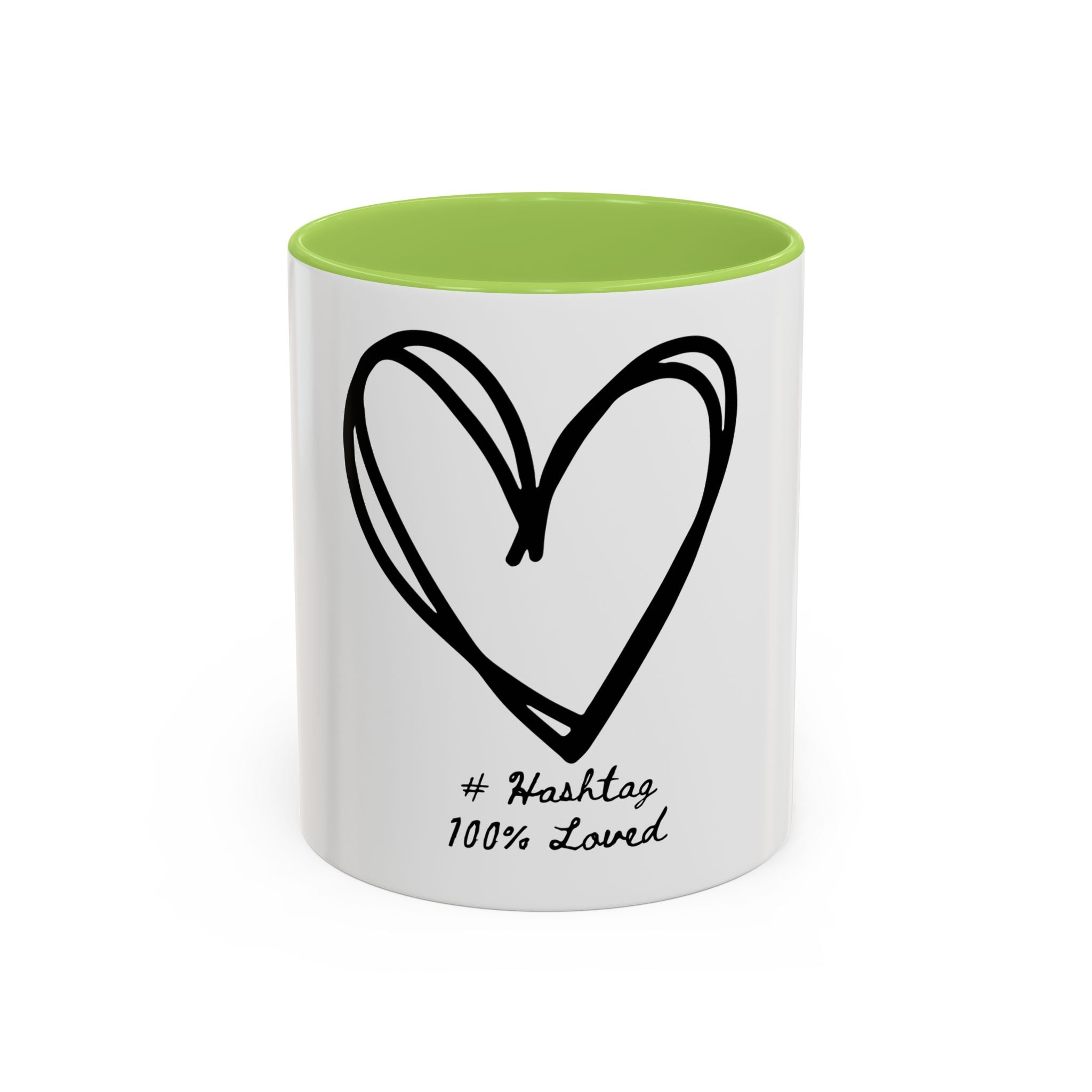 Heart Sketch Accent Coffee Mug — “# Hashtag 100% Loved”