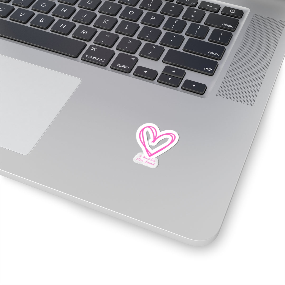 Pink Hand-Drawn Heart Kiss-Cut Sticker — 'Hashtag 100% Loved' Decorative Decal