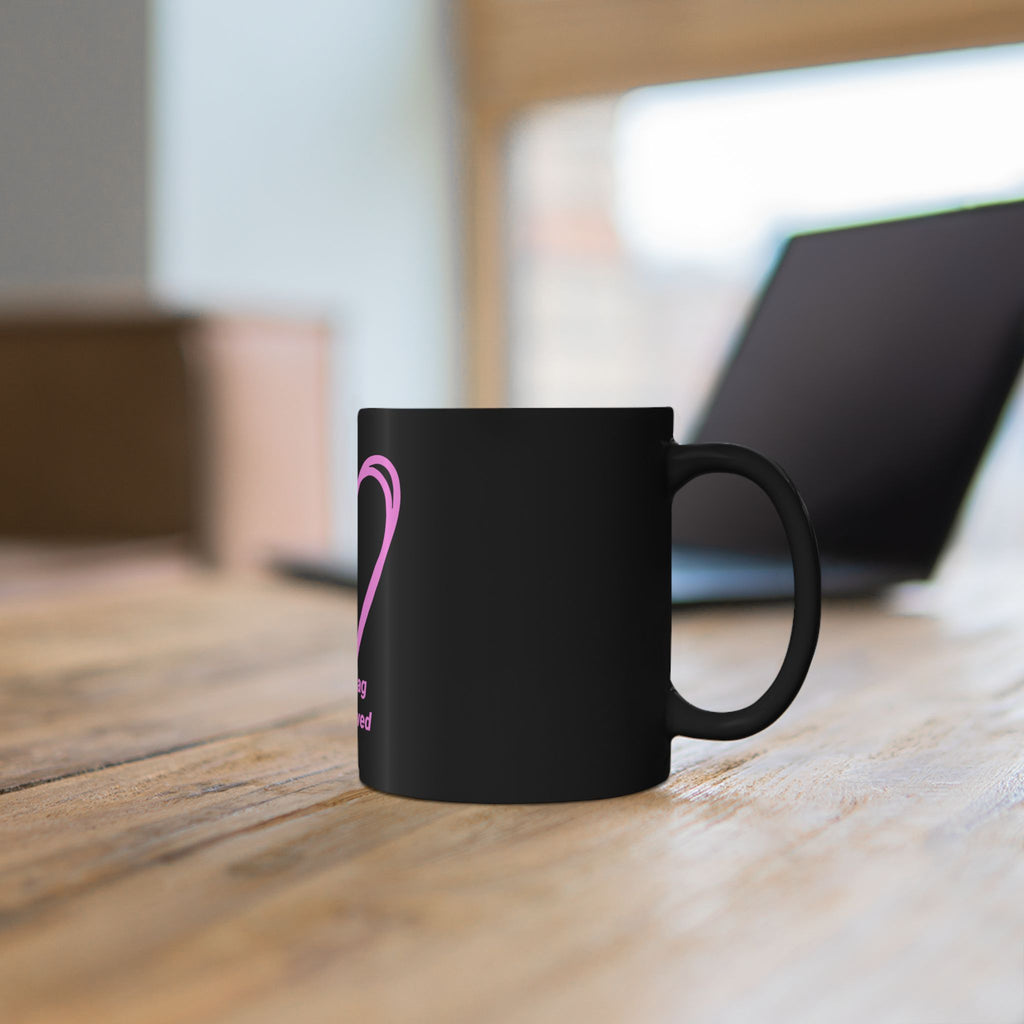 Black Ceramic Mug — Pink Heart Design with “# Hashtag 100% Loved” — Cute Valentine Coffee Cup, Gift for Her
