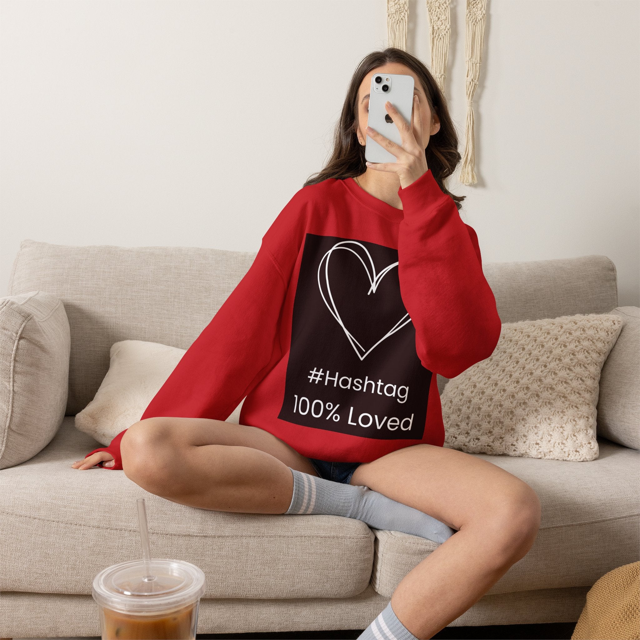 Crewneck Sweatshirt — Black Heart Sketch "#Hashtag 100% Loved" Graphic