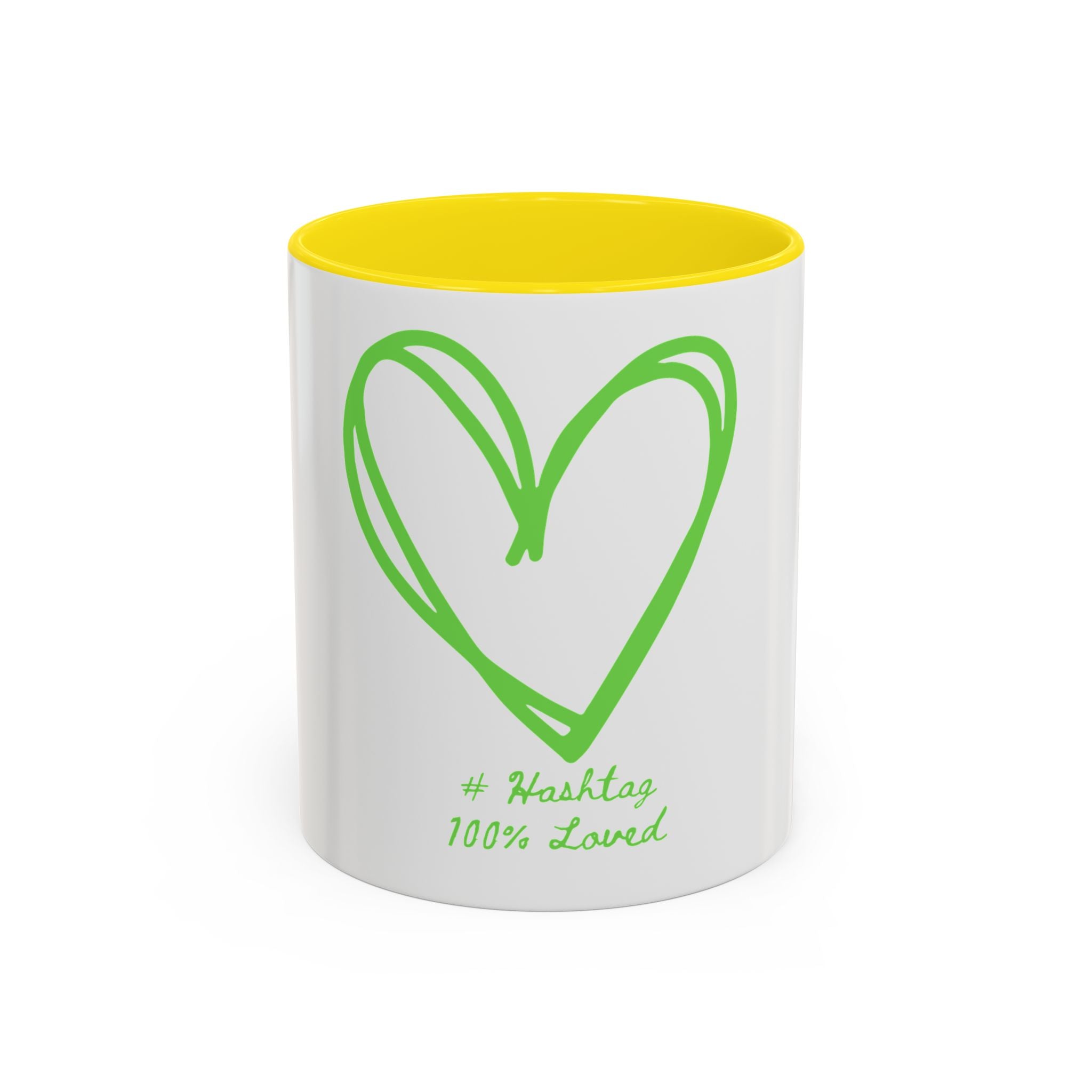 Accent Coffee Mug — Green Heart "#Hashtag 100% Loved" Design