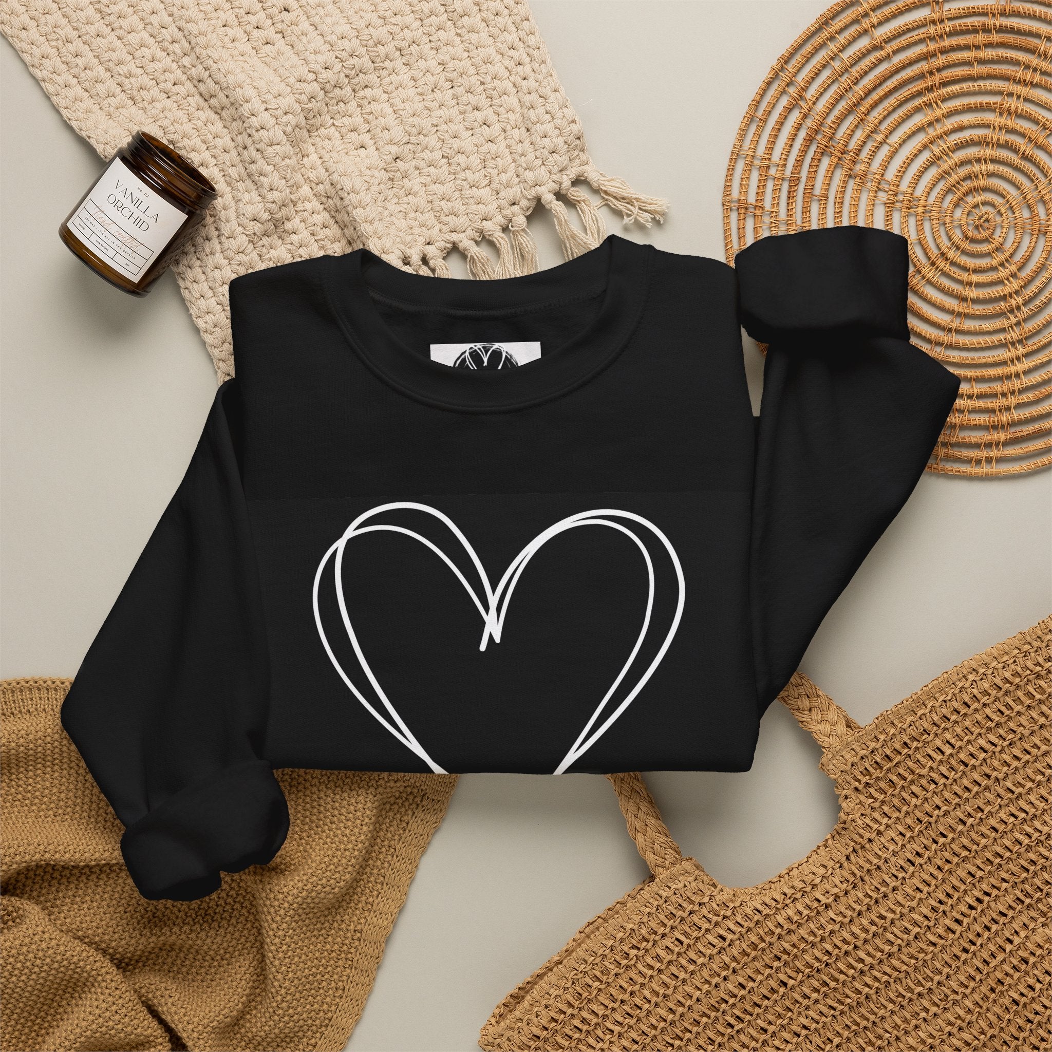 Crewneck Sweatshirt — Black Heart Sketch "#Hashtag 100% Loved" Graphic