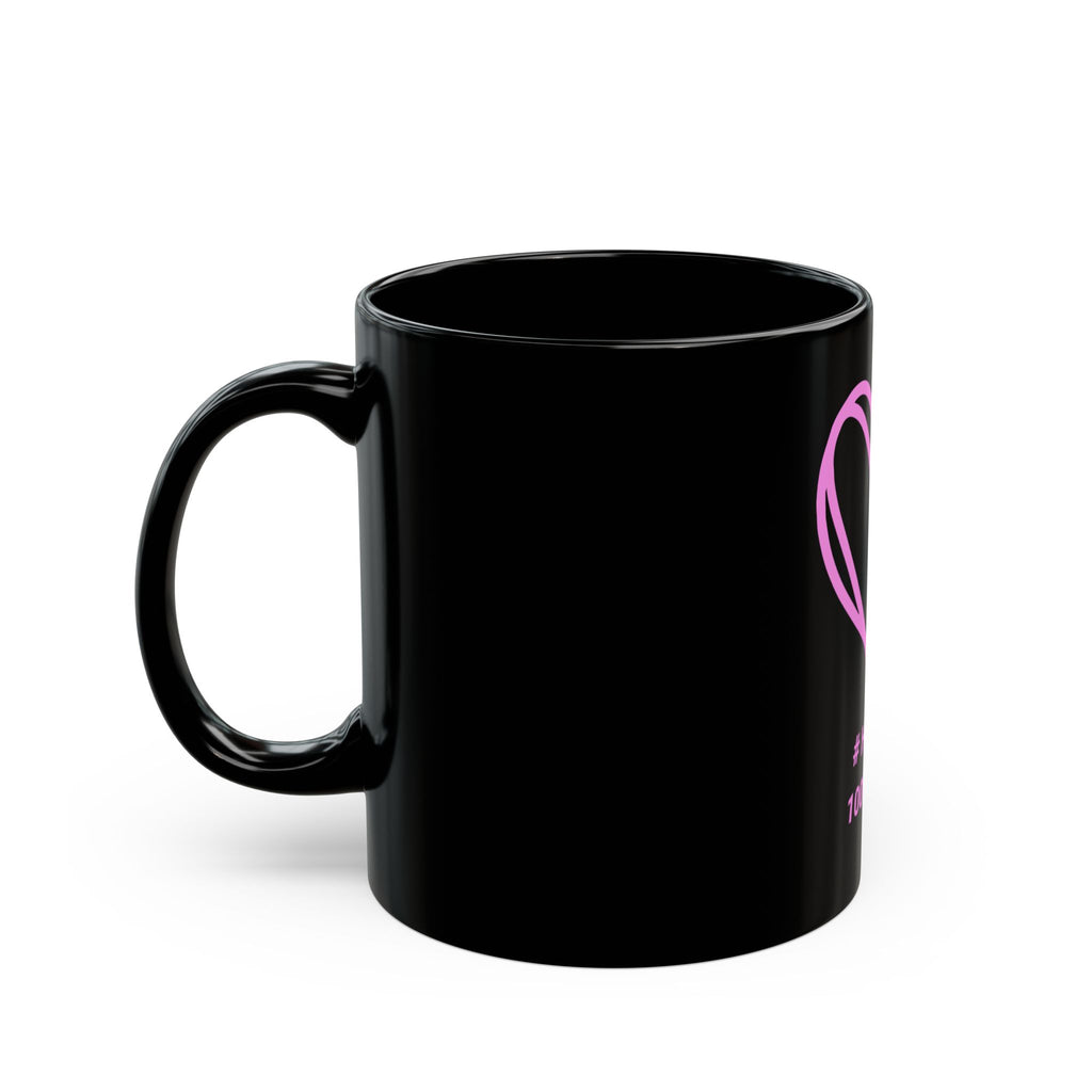 Black Ceramic Mug — Pink Heart Design with “# Hashtag 100% Loved” — Cute Valentine Coffee Cup, Gift for Her